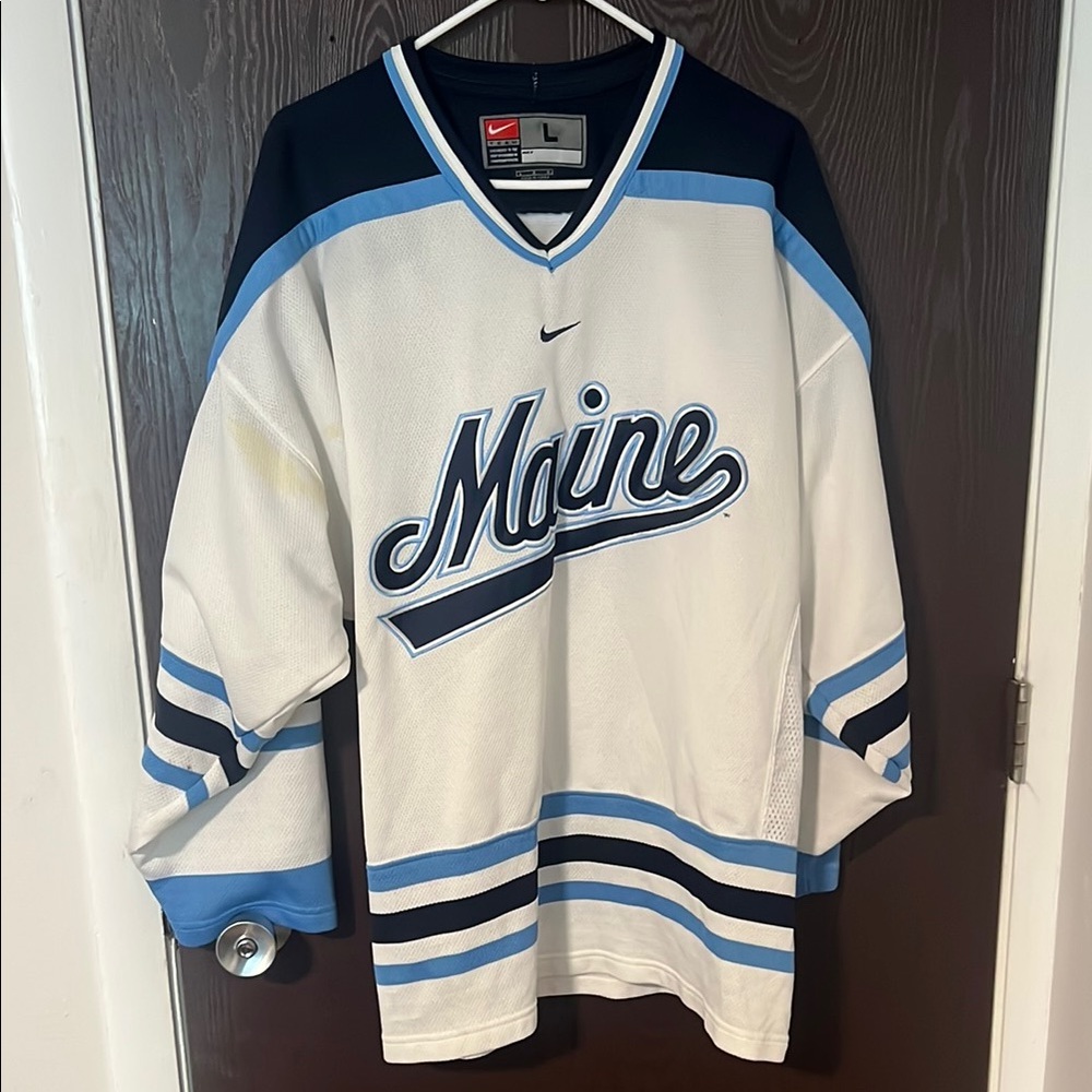 Nike White and Blue Maine Jersey